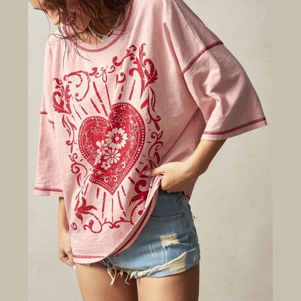Pink Heart Graphic Oversized Tee with Contrast Stitching